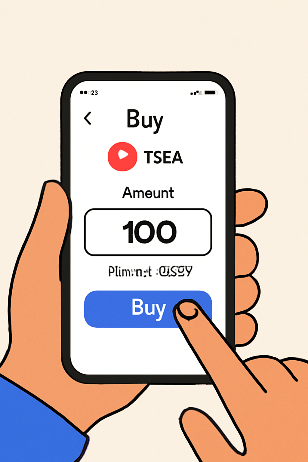 a user entering an amount to buy Tesla (TSLAX) tokens on a mobile app, with a confirmation button and price displayed, simple and user-friendly