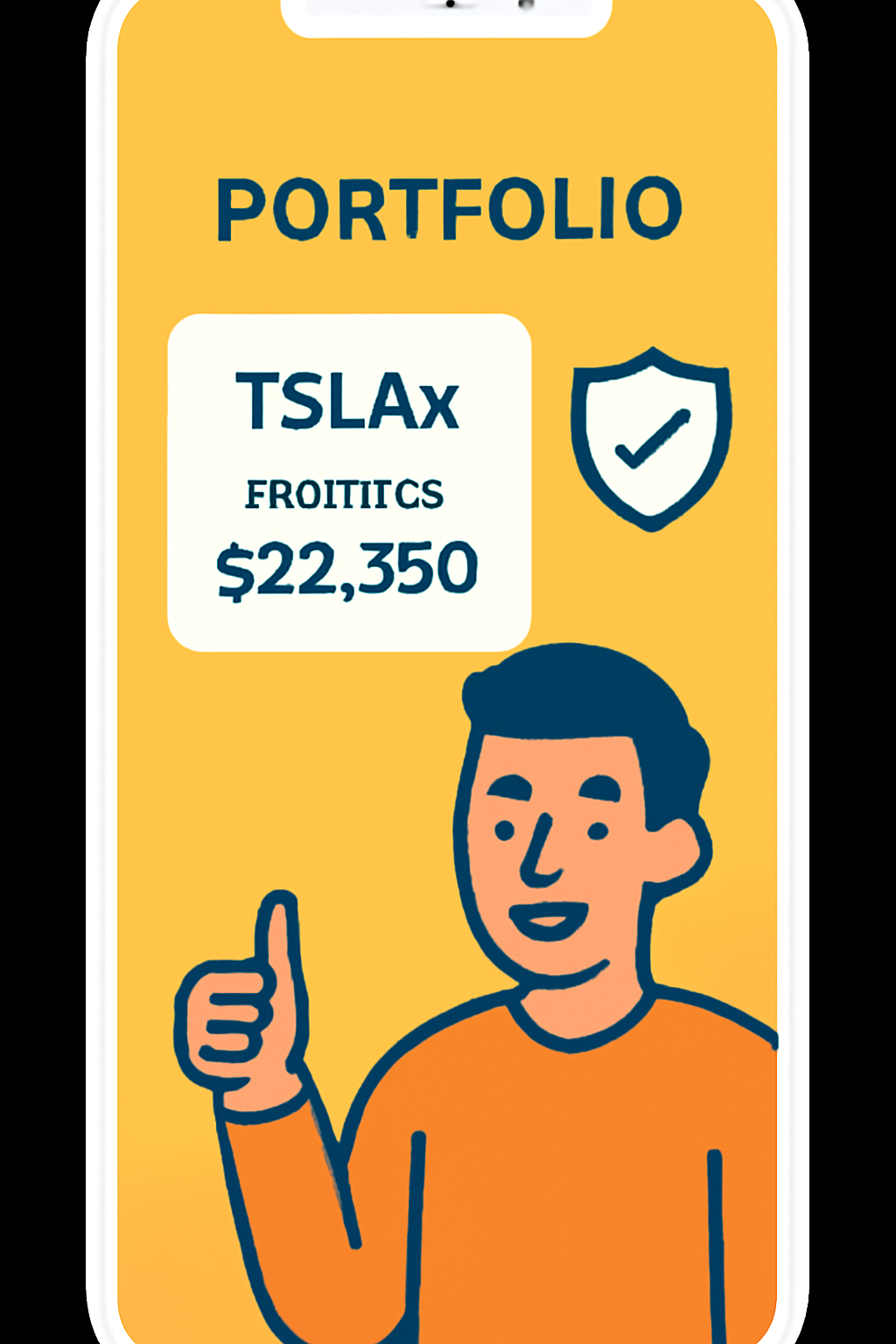a mobile portfolio screen showing TSLAx holdings, a shield icon for security, and a happy user, bright and reassuring