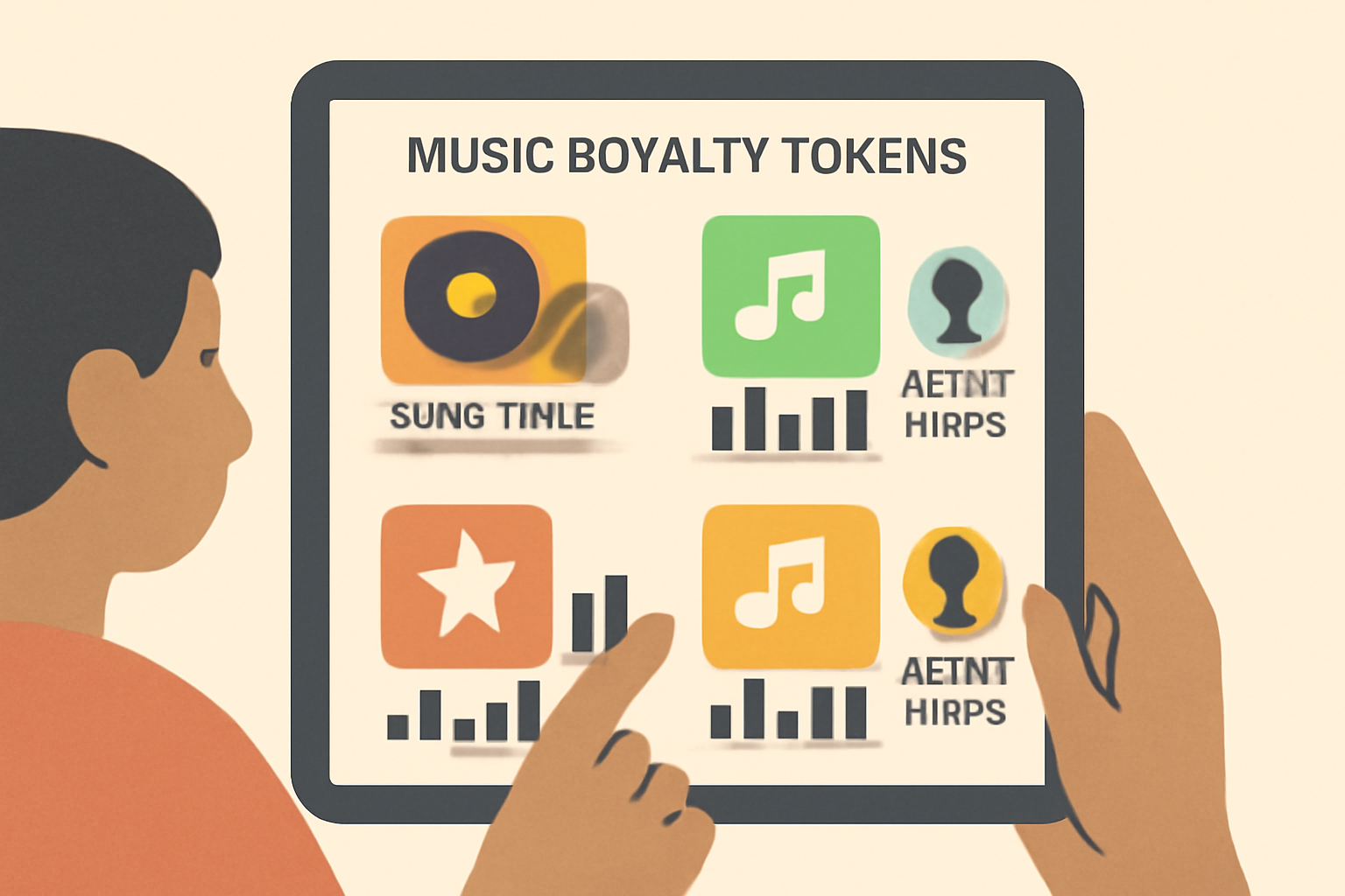 A user browsing a digital catalog of music royalty tokens, with song covers, earnings charts, and artist profiles