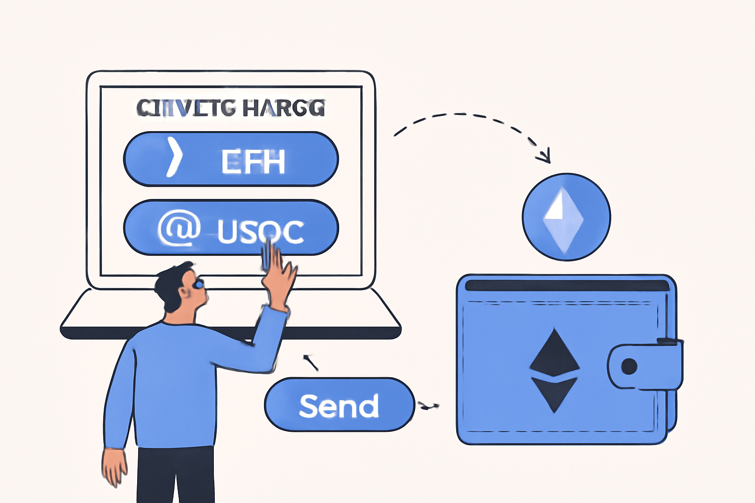 A person transferring ETH or USDC from a crypto exchange to a digital wallet, with clear transaction visuals
