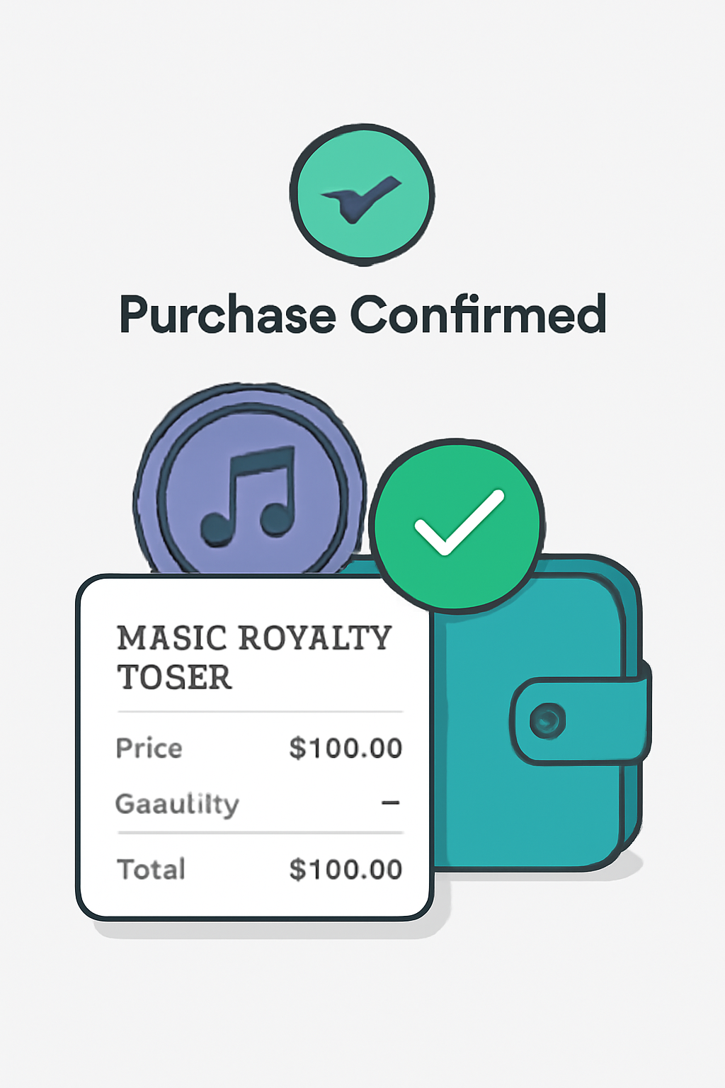 A confirmation screen for purchasing a music royalty token, showing transaction details and a digital wallet approval