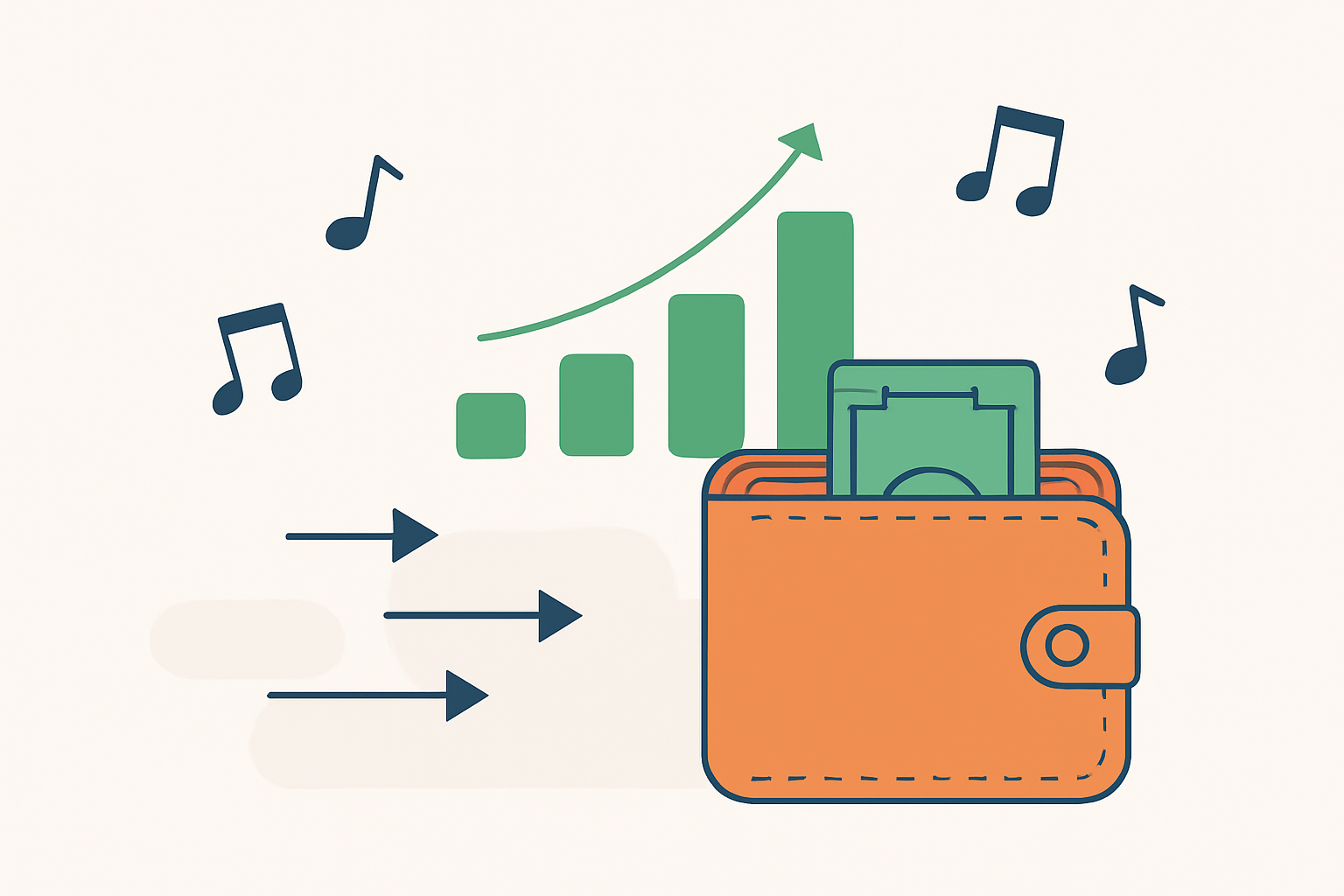 A digital wallet receiving royalty payments, with streaming graphs and music notes indicating income flow