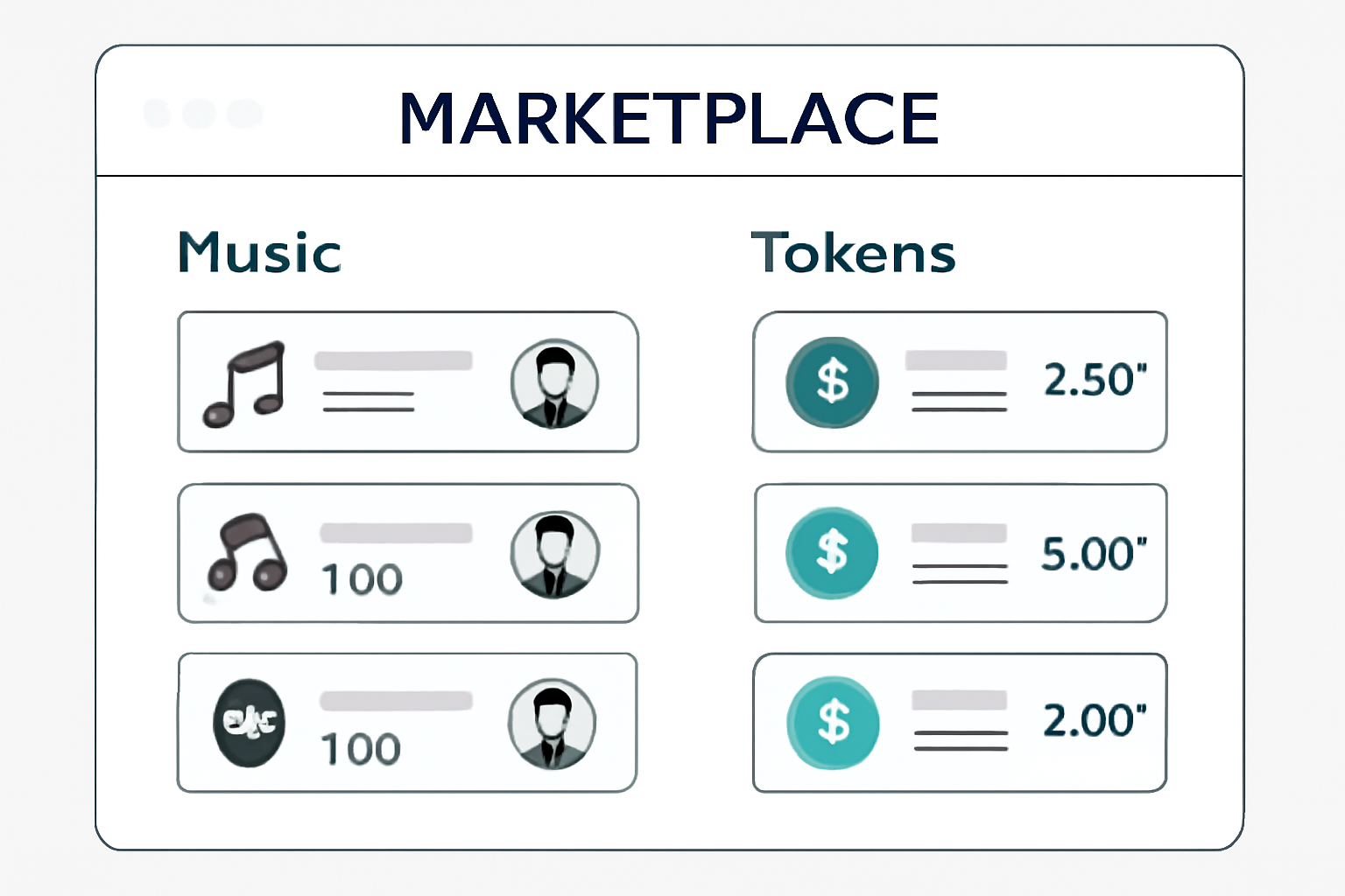 A digital marketplace interface showing music tracks and token listings, with blockchain symbols and artist avatars