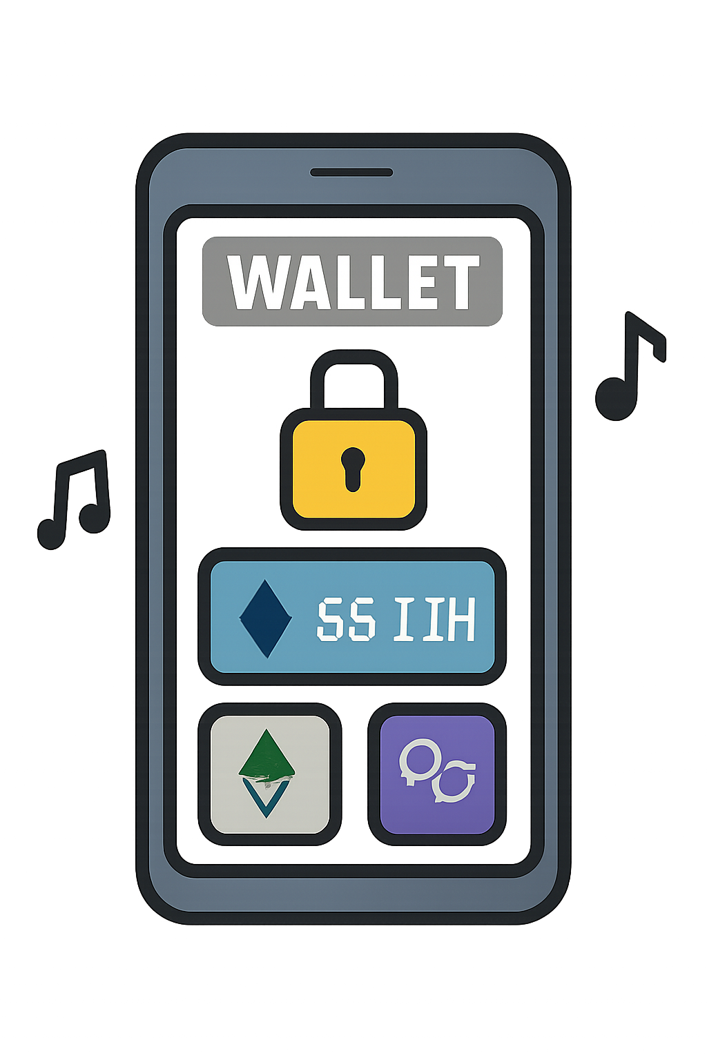 A secure digital wallet app interface with Ethereum and Polygon logos, and music note icons