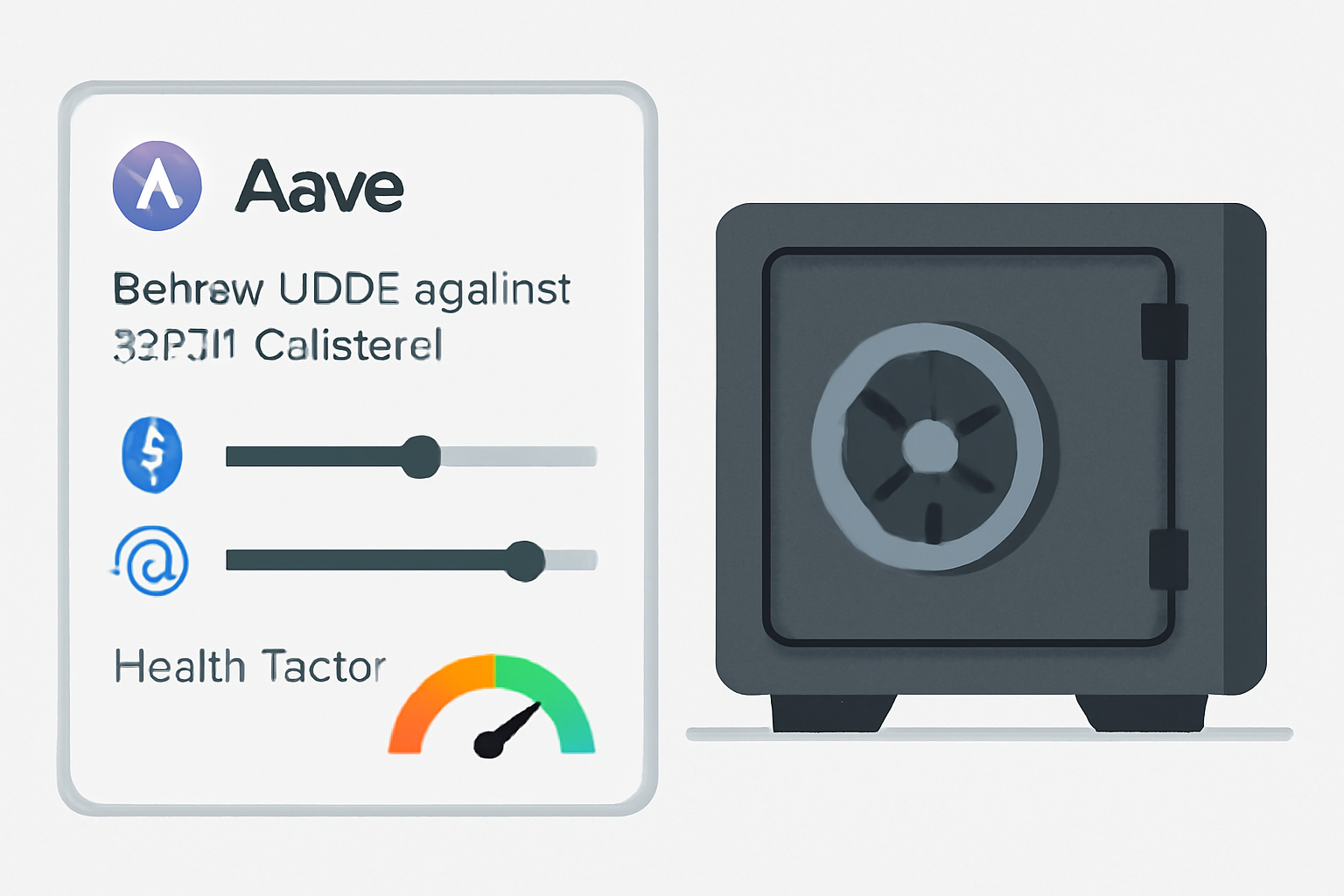 Borrowing USDC against stETH collateral on Aave, loan sliders and health factor gauge, secure vault aesthetic