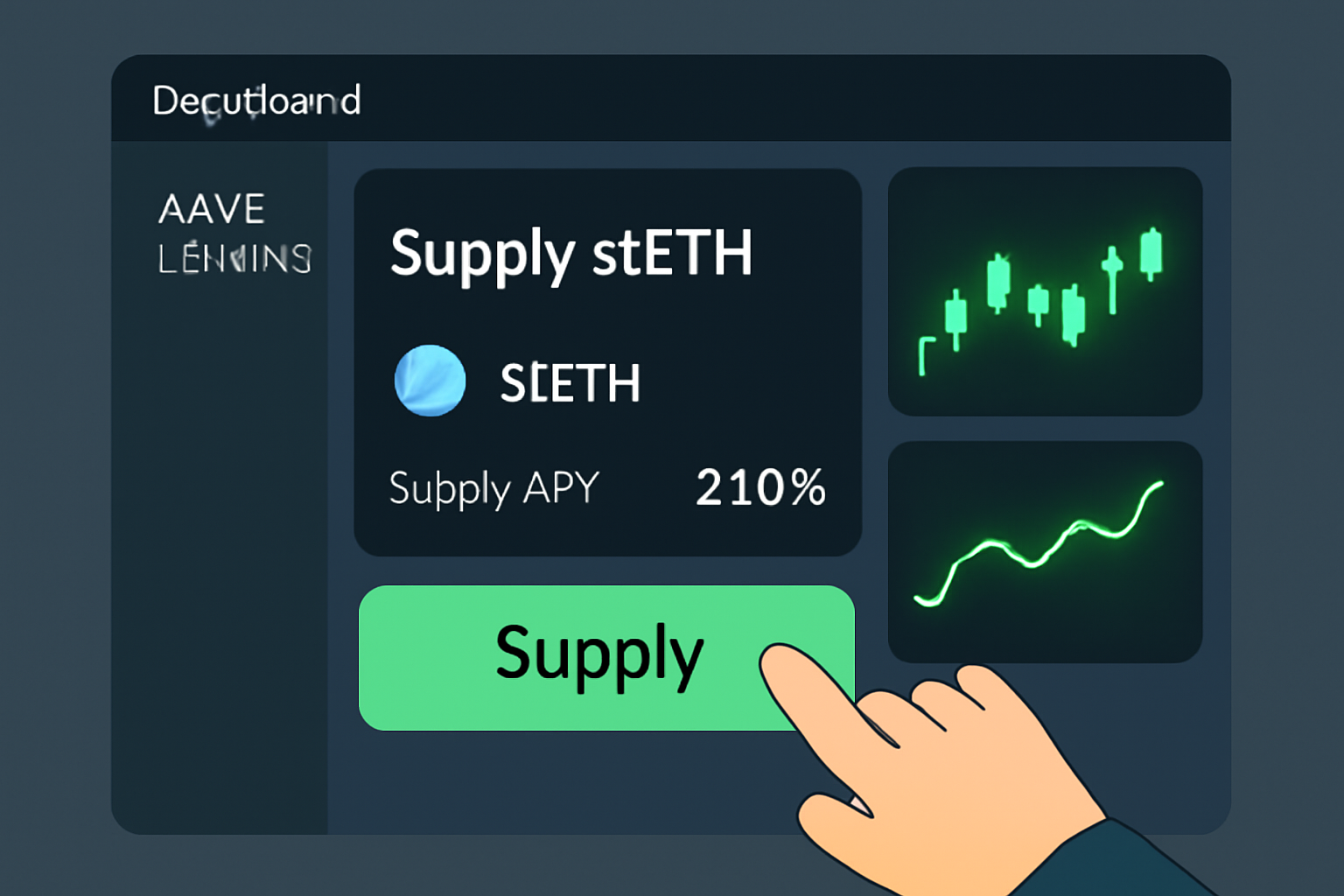User supplying stETH to Aave lending pool, dashboard interface, green supply button, DeFi charts glowing