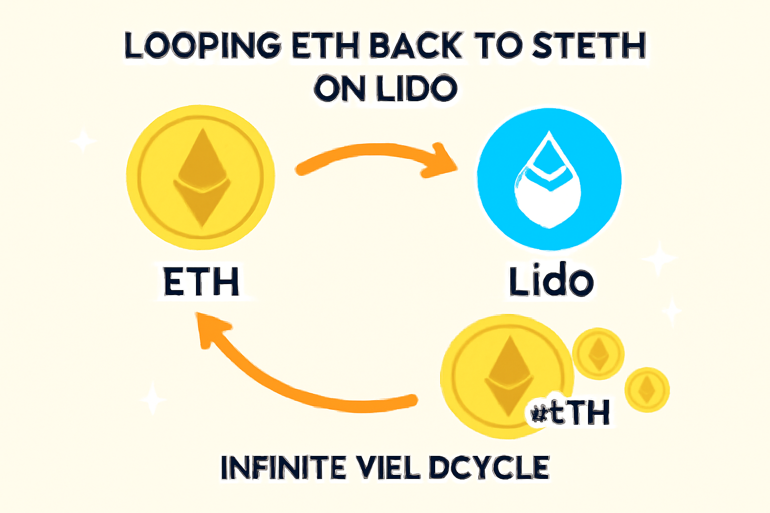 Looping ETH back to stETH on Lido, infinite yield cycle diagram, golden tokens multiplying, ethereal glow