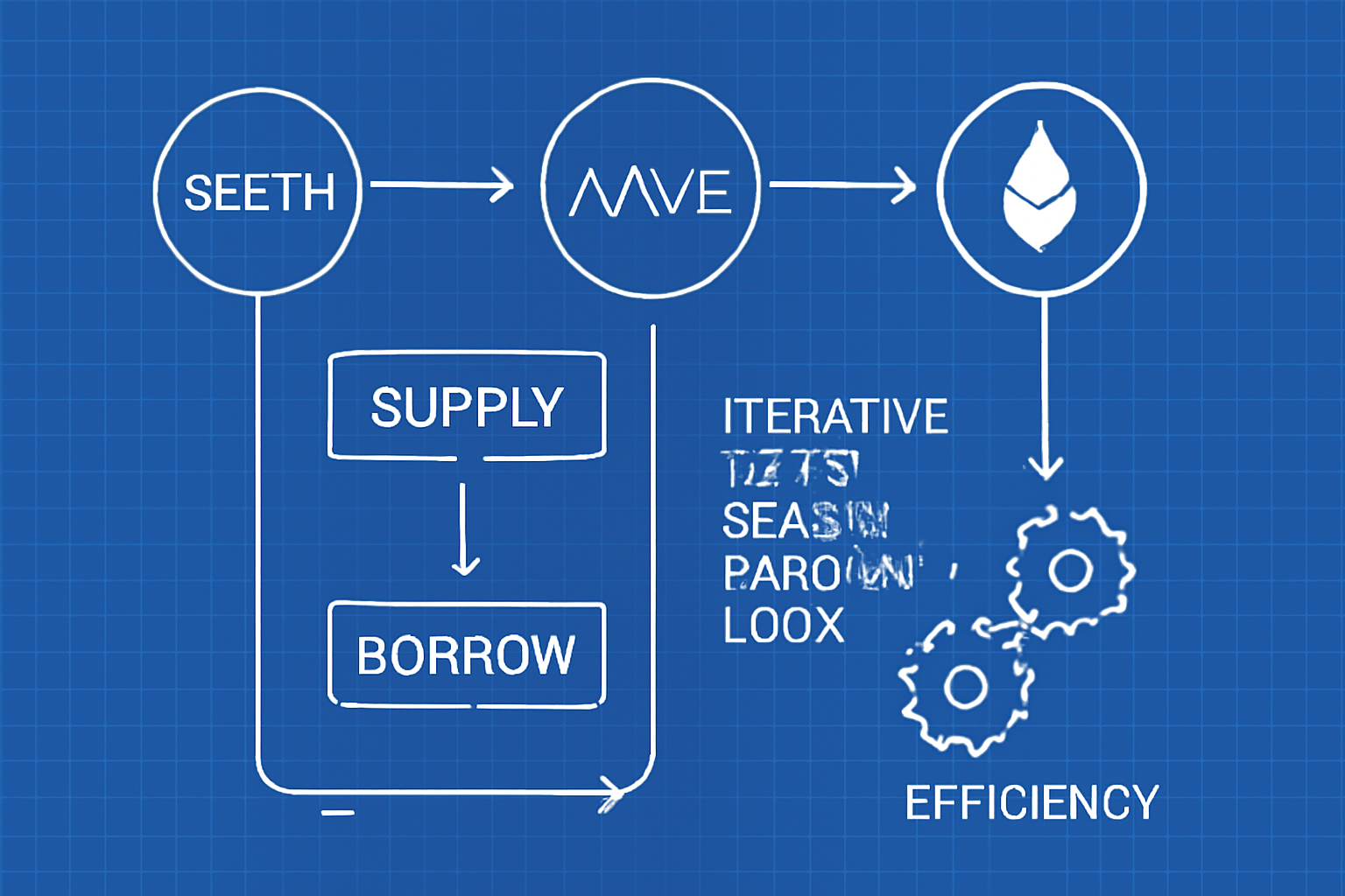 Iterative stETH supply-borrow loop on Aave and Lido, flowchart with arrows, efficiency gears turning, tech blueprint