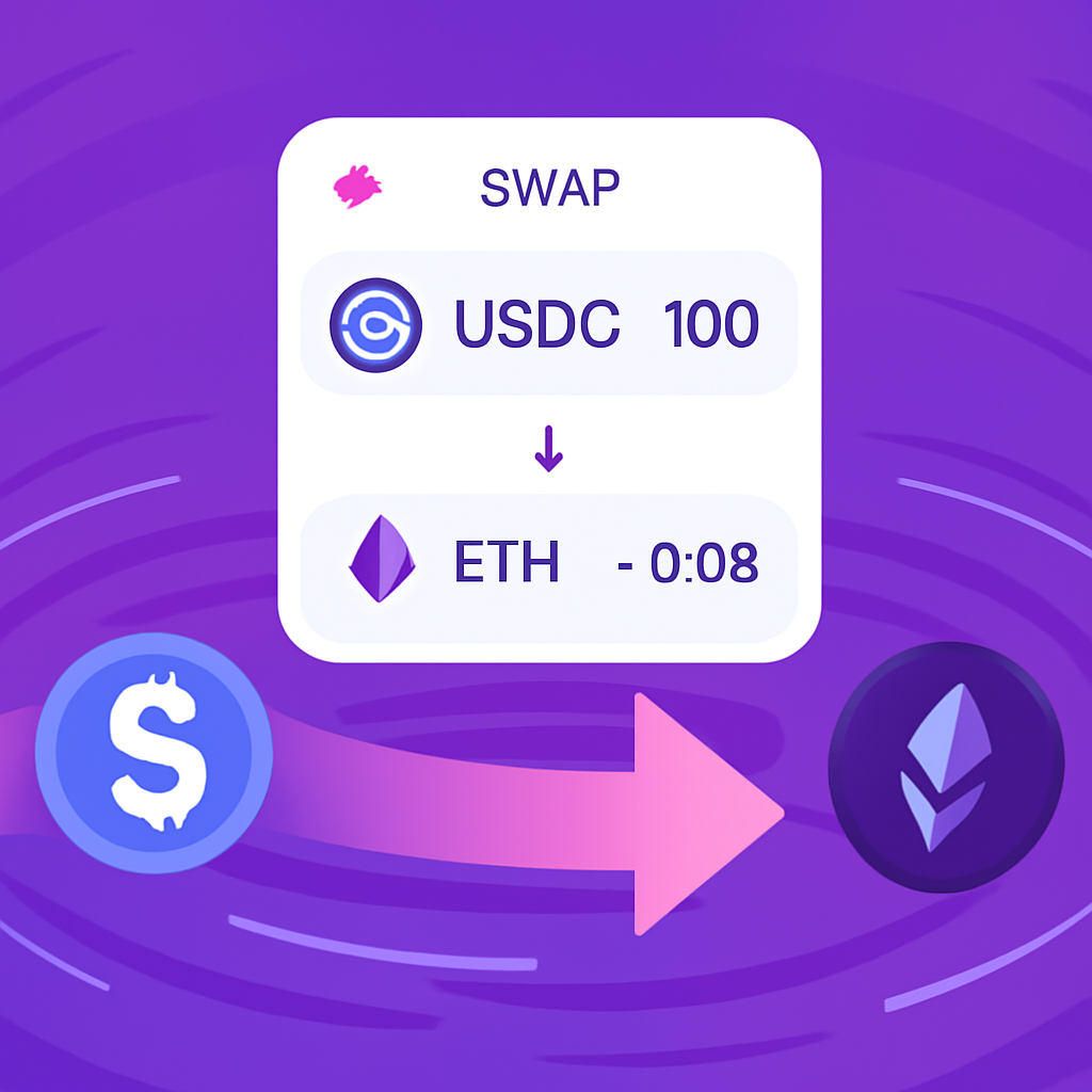 Swapping USDC to ETH on Uniswap DEX, liquidity pools swirling, token exchange animation, vibrant purple hues
