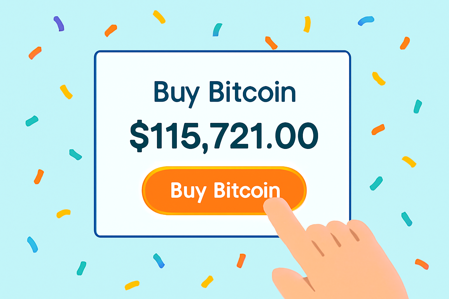 A user clicking 'Buy Bitcoin' on a financial platform, with the price $115,721.00 displayed, celebratory confetti in the background