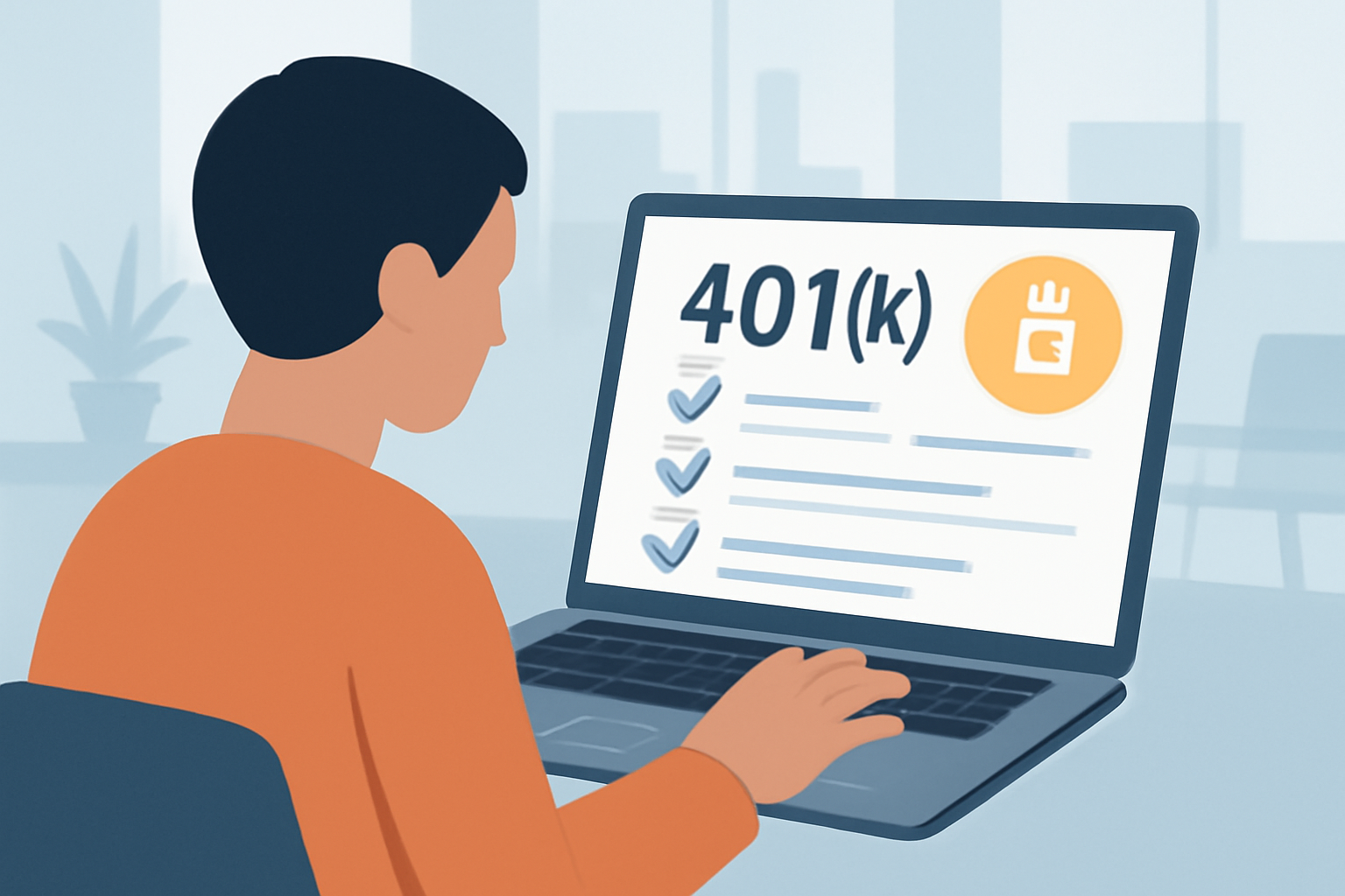A person on a laptop checking their 401(k) account dashboard, with a Bitcoin logo and a checklist visible, modern office background