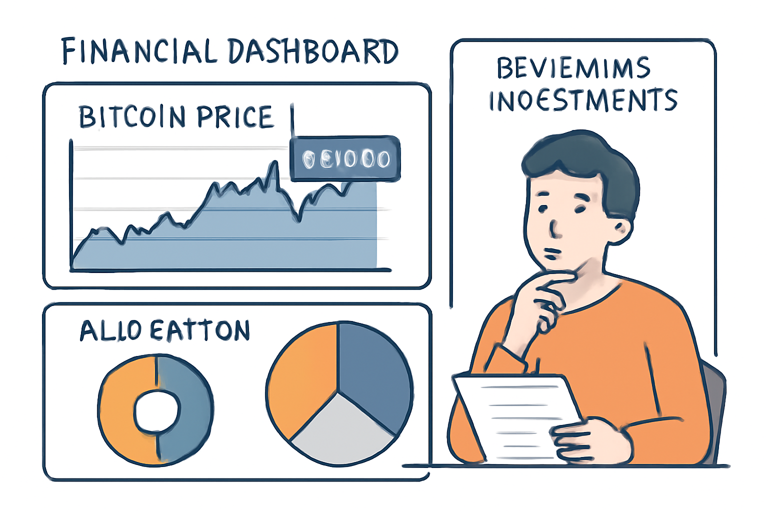 A financial dashboard showing Bitcoin price charts, allocation pie chart, and a person reviewing their investments, thoughtful expression
