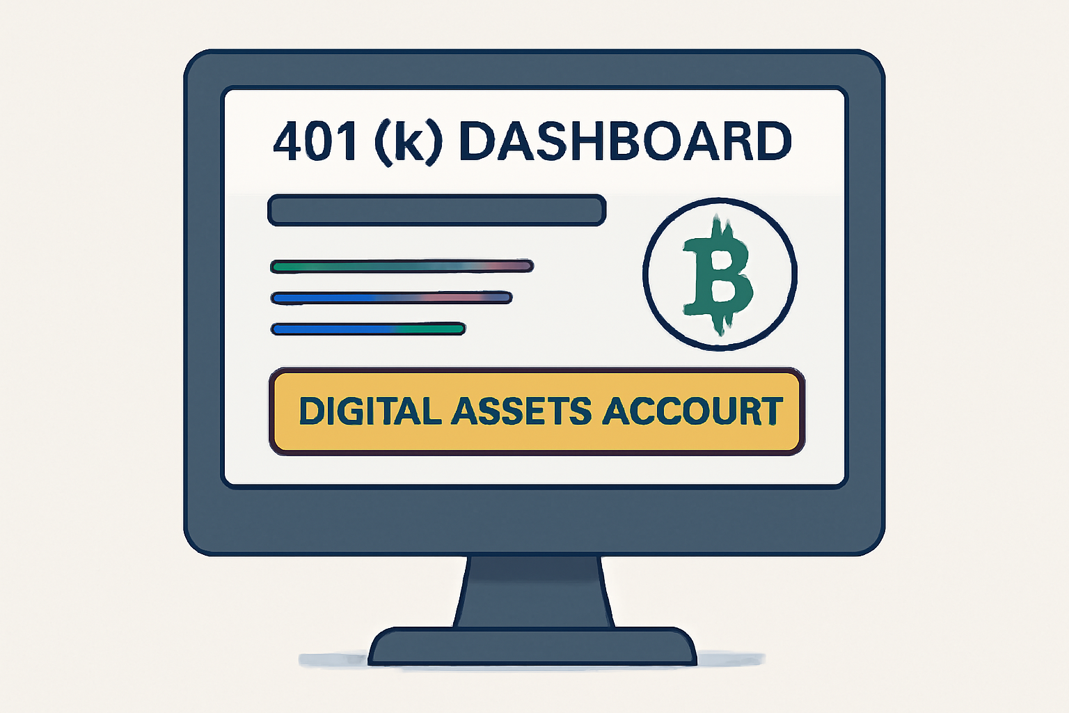 A computer screen displaying a 401(k) dashboard with a highlighted 'Crypto Window' or 'Digital Assets Account' button, Bitcoin icon present