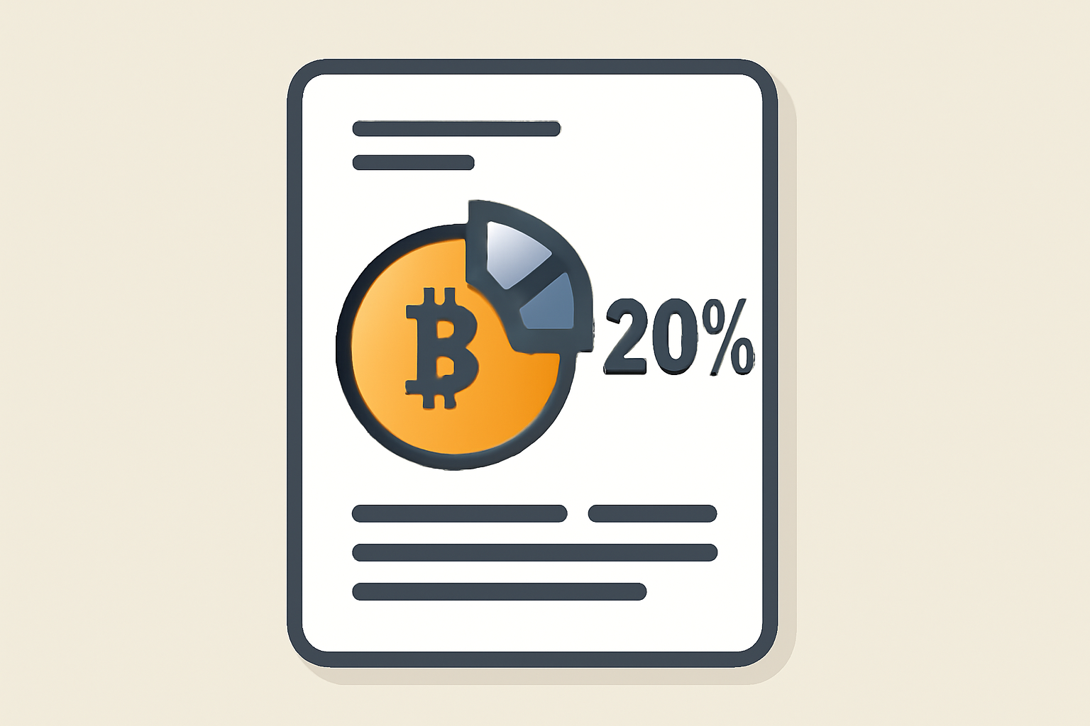 A document or digital screen showing a pie chart with a Bitcoin segment, percentage numbers, and a '20%' label, business setting