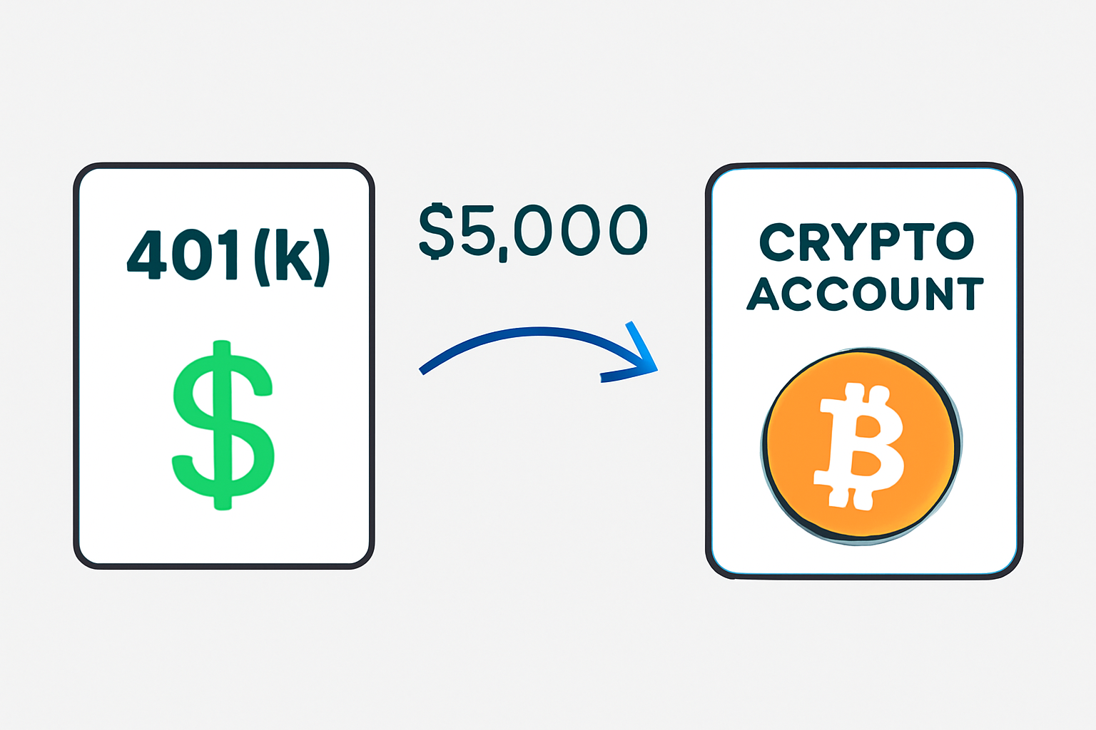 A digital interface showing a transfer of funds from a regular 401(k) account to a crypto account, with arrows and dollar amounts, Bitcoin symbol included