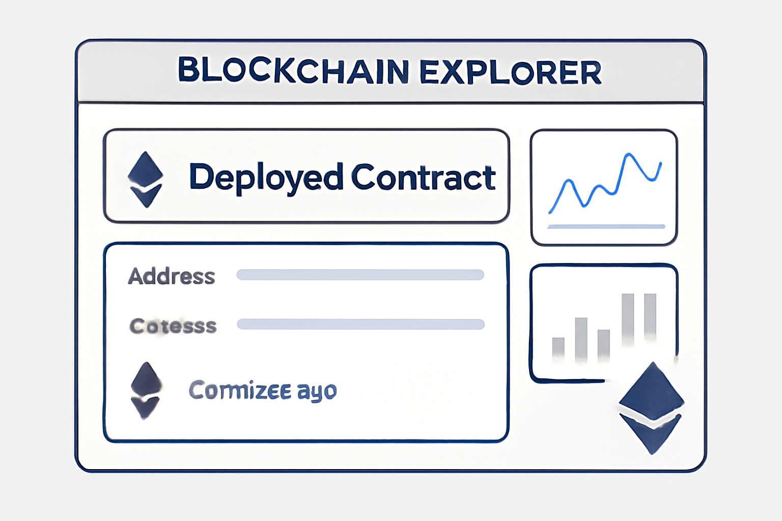 A blockchain explorer interface showing a deployed contract, with monitoring graphs and Ethereum logos