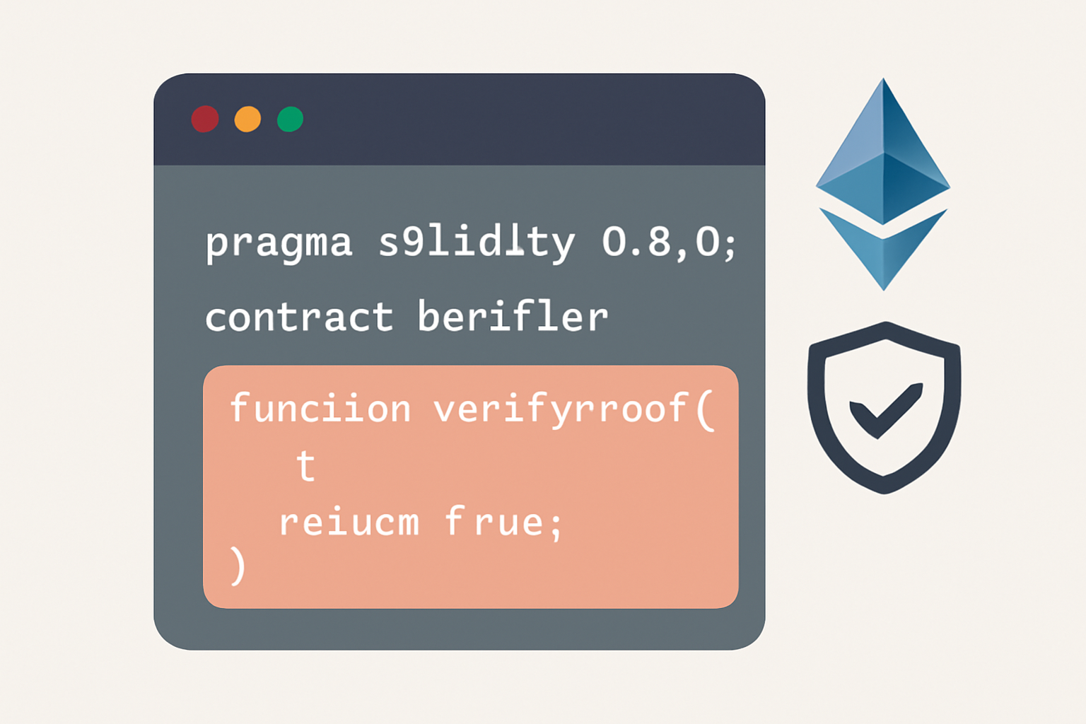 A Solidity smart contract code window with Ethereum and shield icons, highlighting the verifier logic