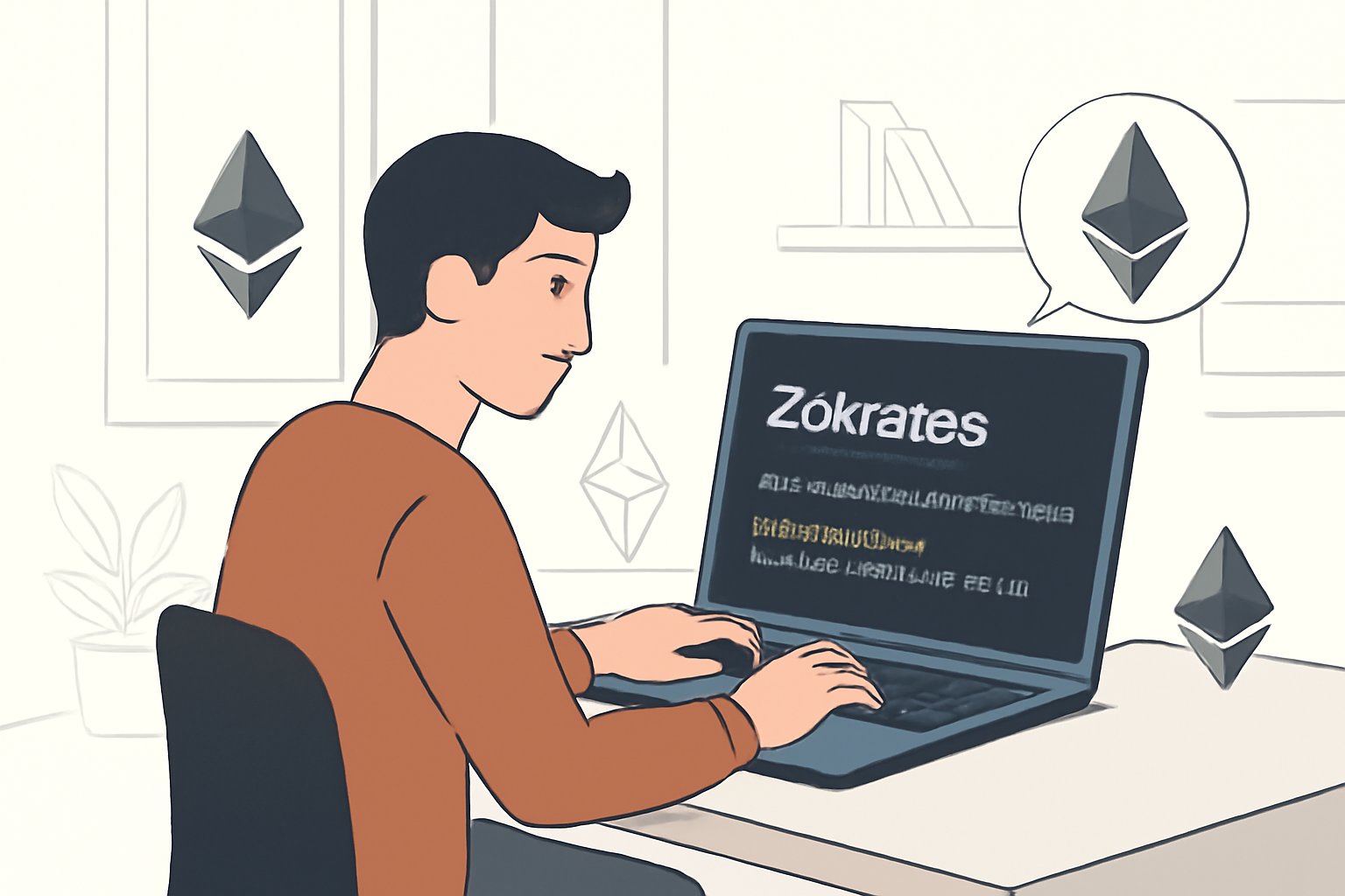 A developer setting up ZoKrates on a computer, with code and Ethereum logos visible, in a modern workspace