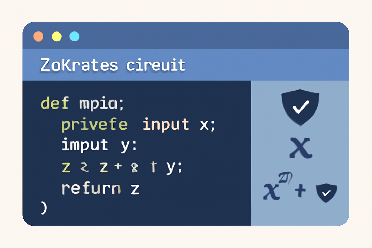 A code editor displaying a ZoKrates circuit, with mathematical symbols and shield icons representing privacy