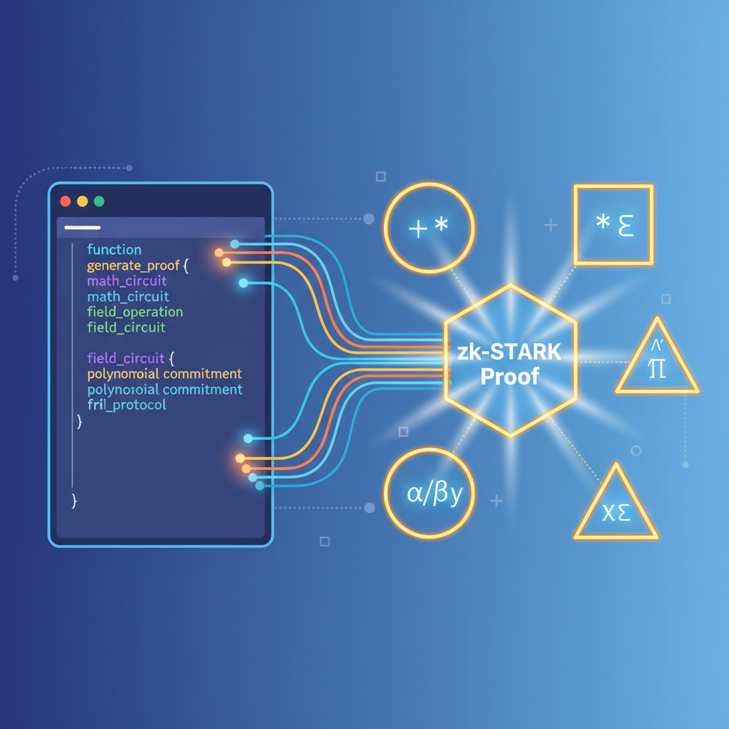 code generating zk-STARK proof with math circuits glowing