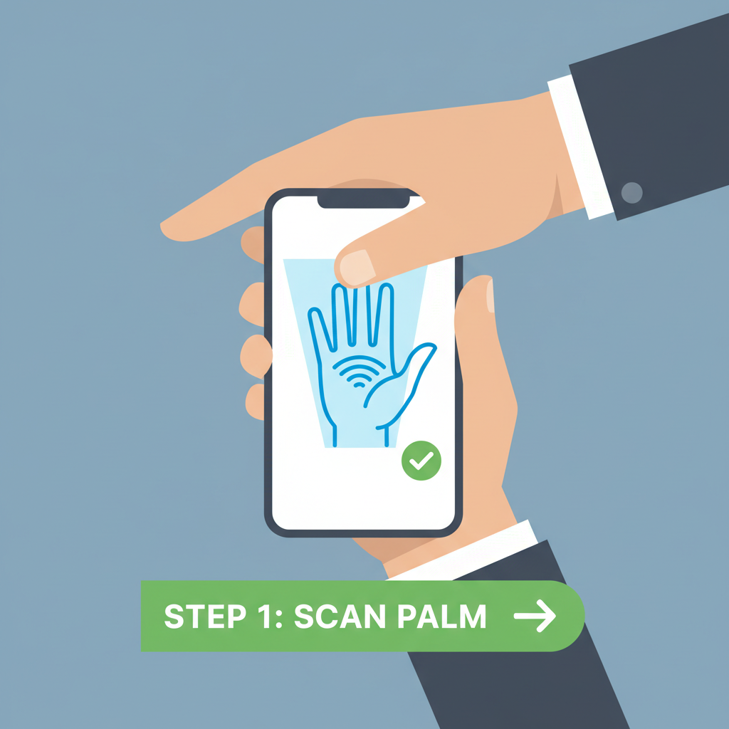 person scanning palm on smartphone for biometric verification