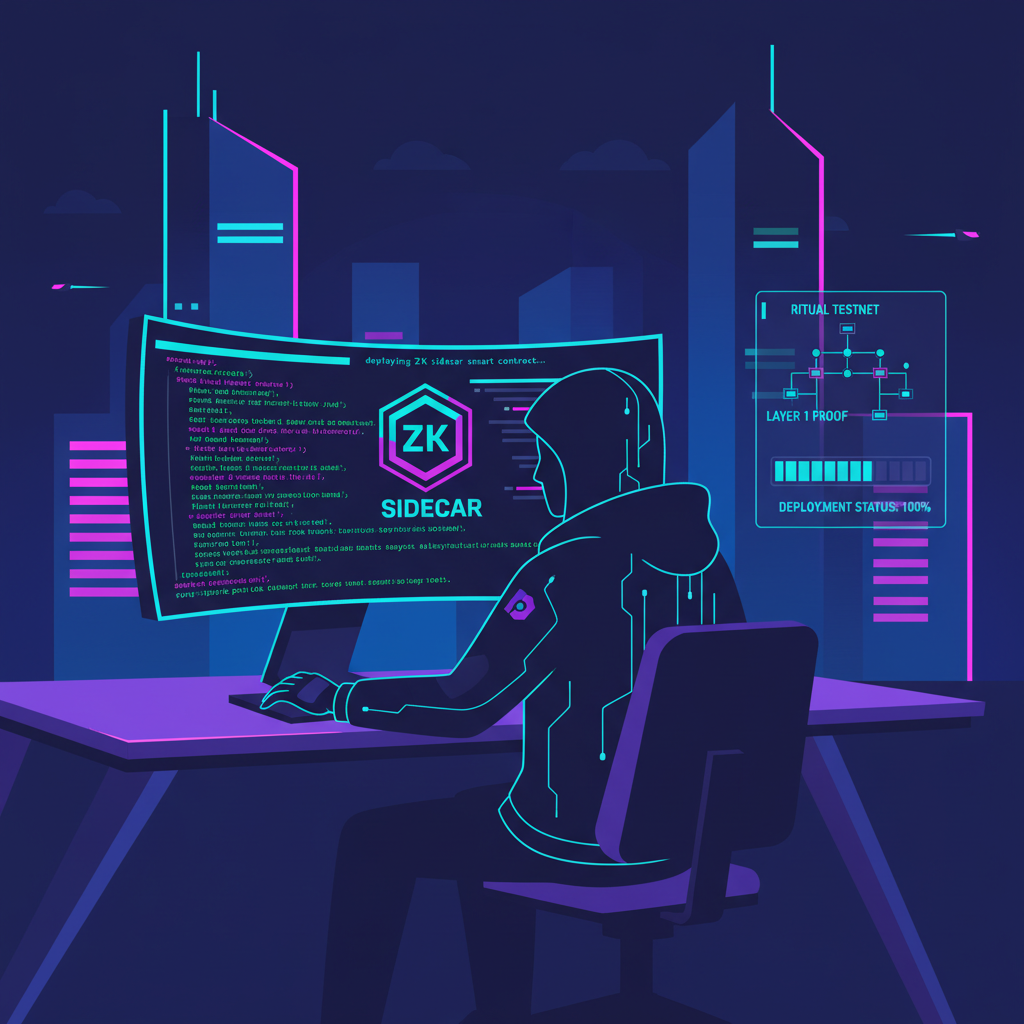 blockchain developer deploying ZK sidecar smart contract on Ritual testnet, code terminal, futuristic dashboard, cyberpunk style