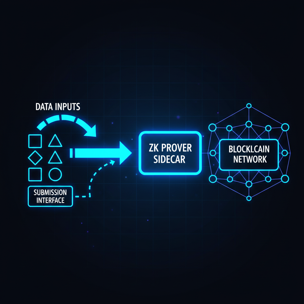 submitting data inputs to ZK prover sidecar, data flow visualization, blockchain network, neon blue tones