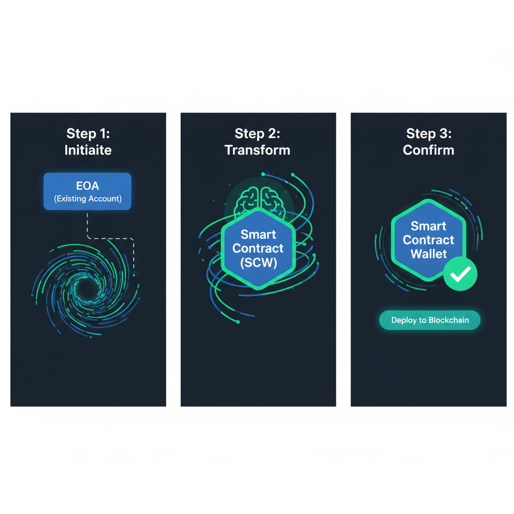 smart wallet creation interface, EOA transforming to smart contract, glowing code lines