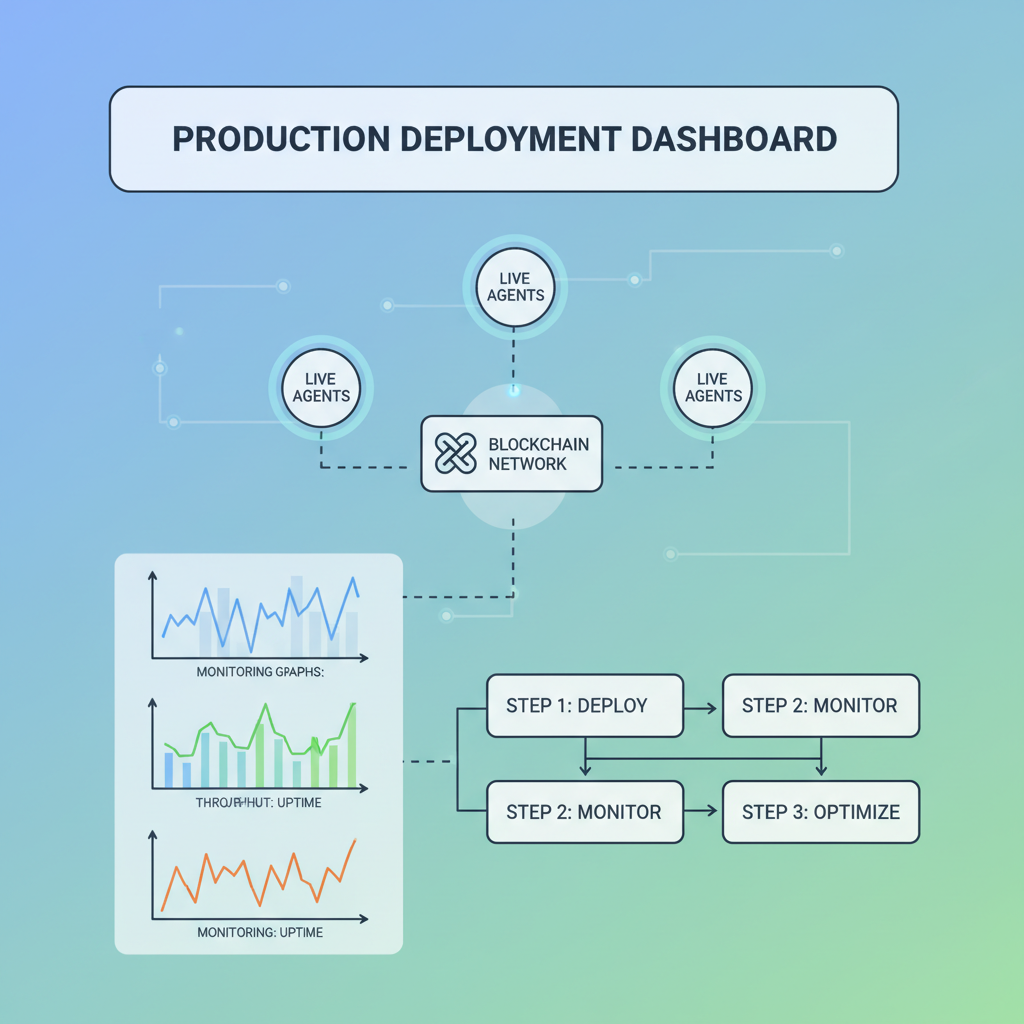production deployment dashboard, live AI agents on blockchain, monitoring graphs