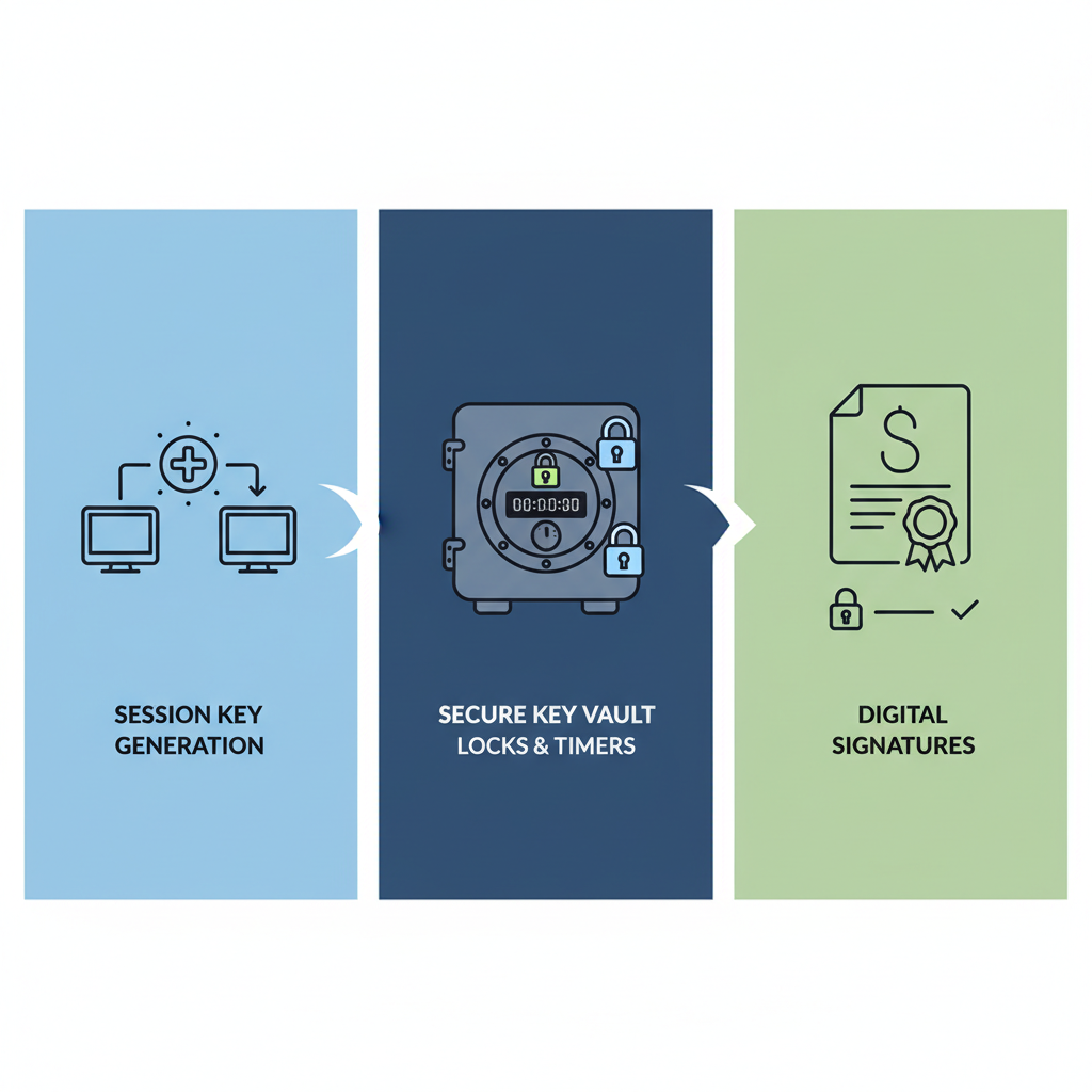 session key generation, secure key vault with locks and timers, digital signatures