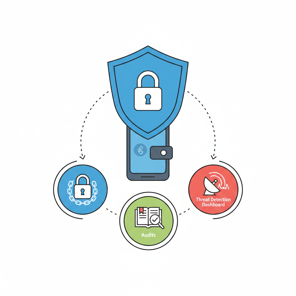 security shield over smart wallet, locks, audits, threat detection dashboard