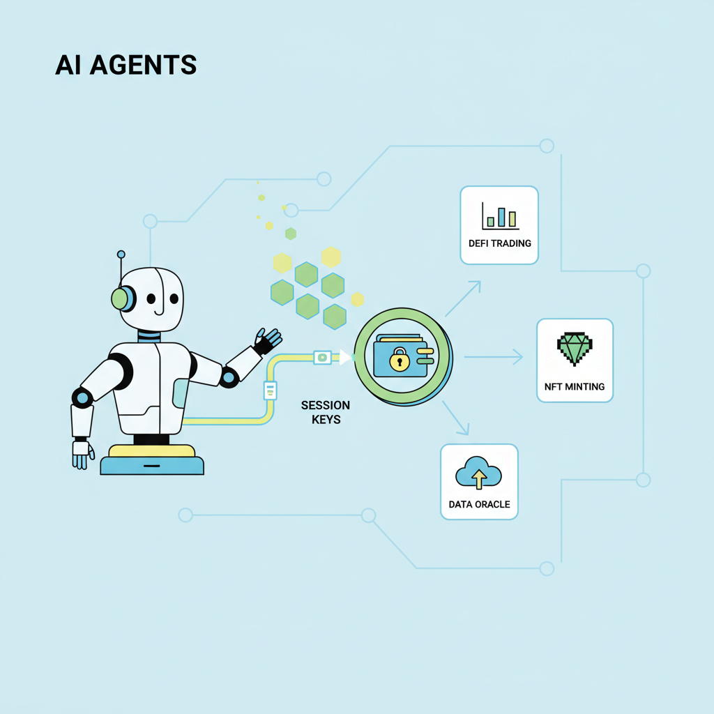 AI agent robot connecting to smart wallet, session keys flowing, autonomous blockchain tasks