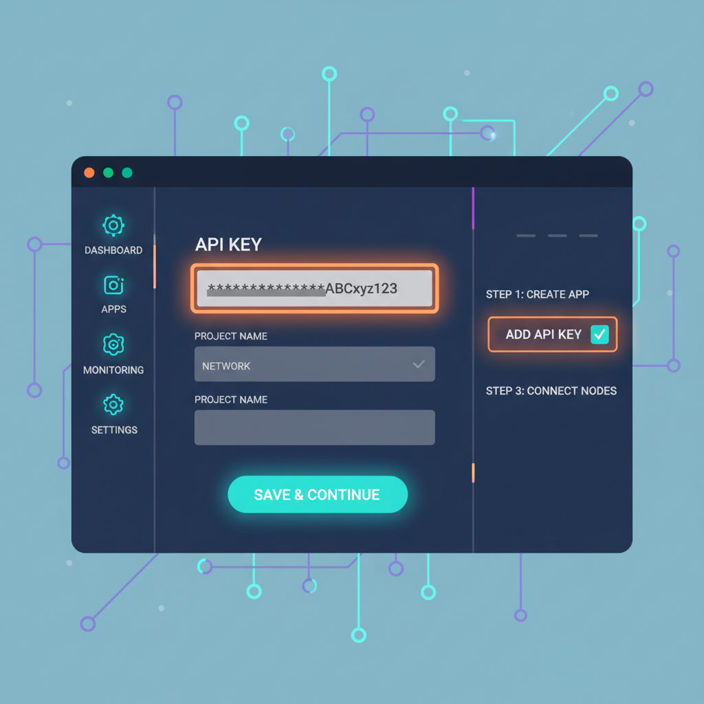 alchemy dashboard setup screen with API key highlighted, futuristic UI, blockchain nodes background