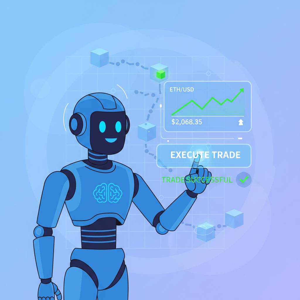 AI agent executing trade on blockchain, ETH price chart at $2,068, success simulation