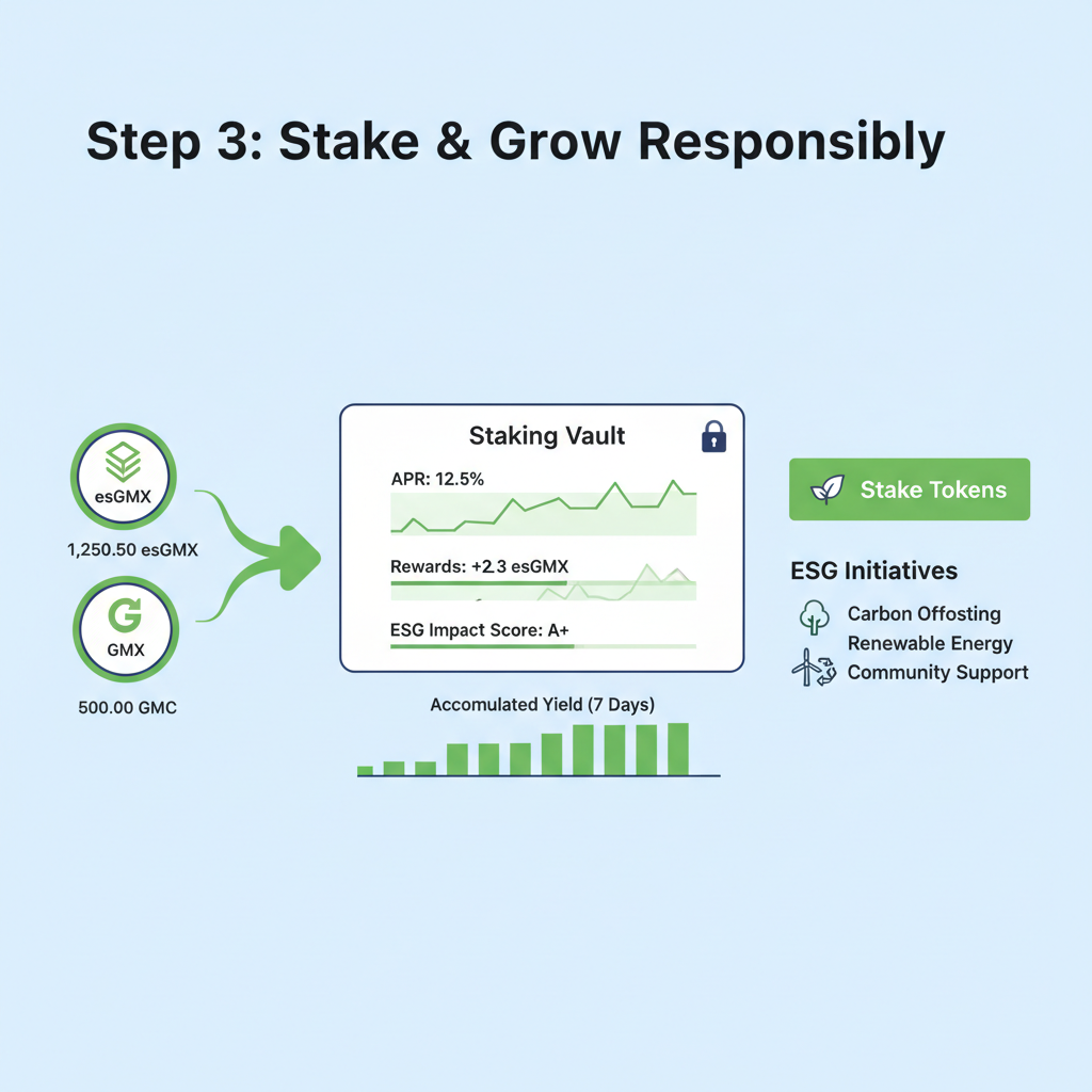 gmx staking interface with esgmx, tokens flowing into vault, green yield charts