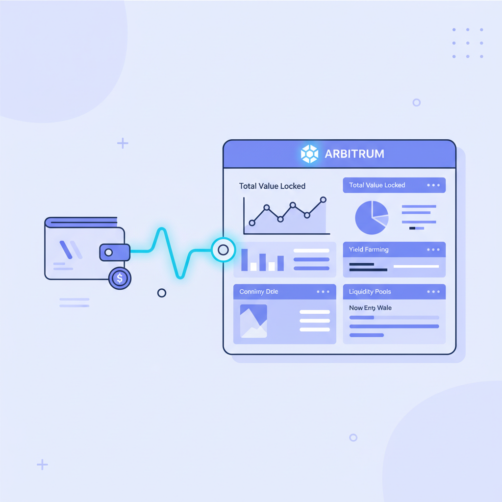 wallet connecting to DeFi dashboard on Arbitrum, glowing blue interface