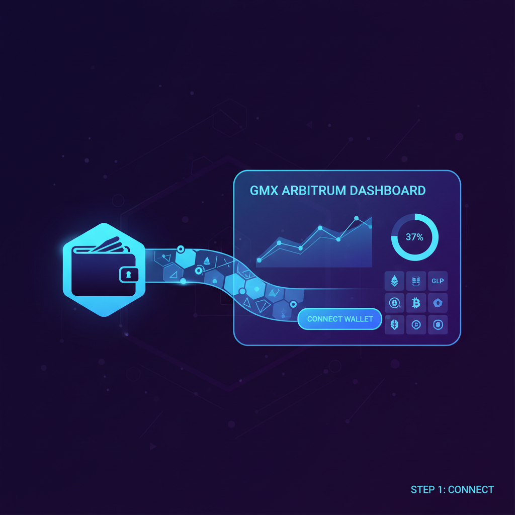 sleek defi wallet connecting to gmx arbitrum dashboard, neon blue tones, futuristic ui