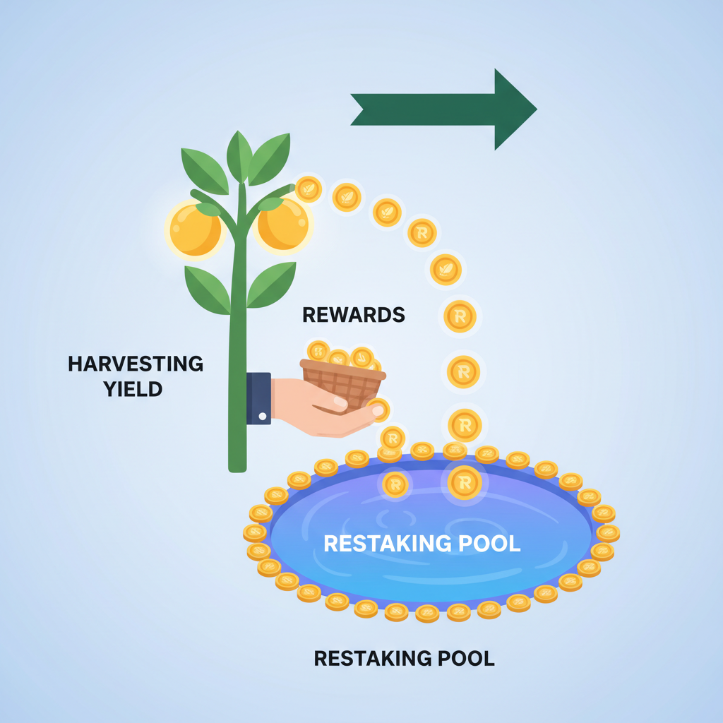 harvesting yield rewards glowing coins into restaking pool