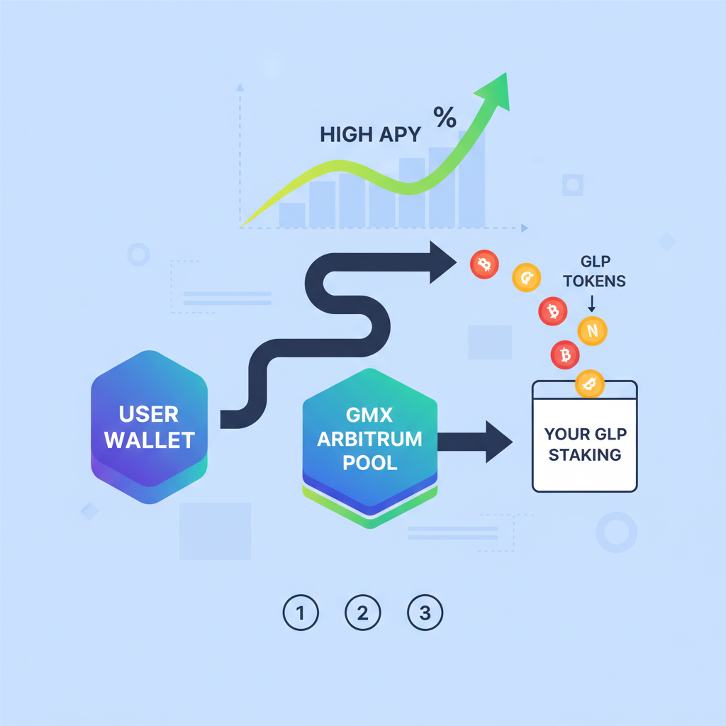 glp liquidity pool minting on gmx arbitrum, colorful token flows, high apy graph