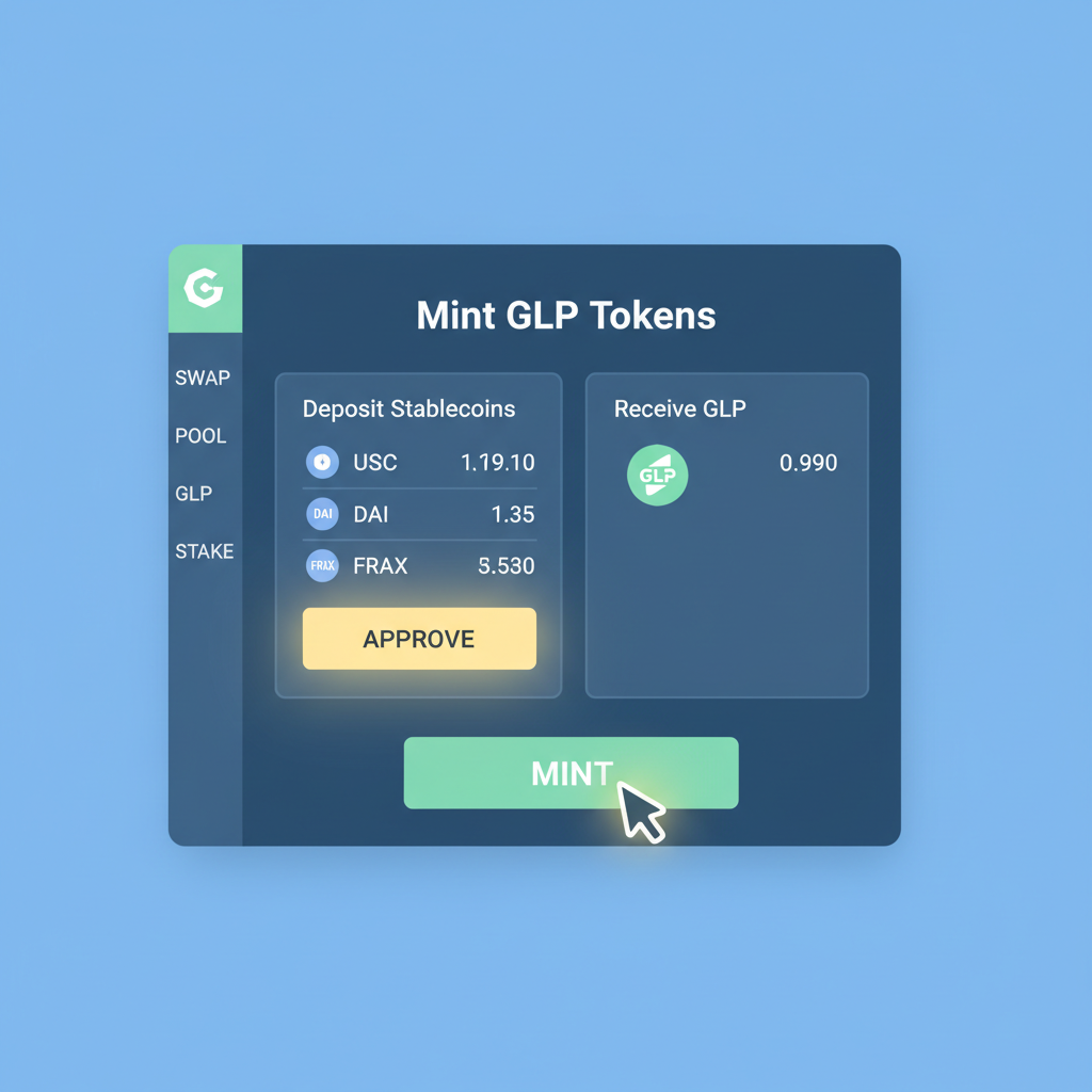 minting GLP tokens on GMX interface, stablecoin deposits glowing
