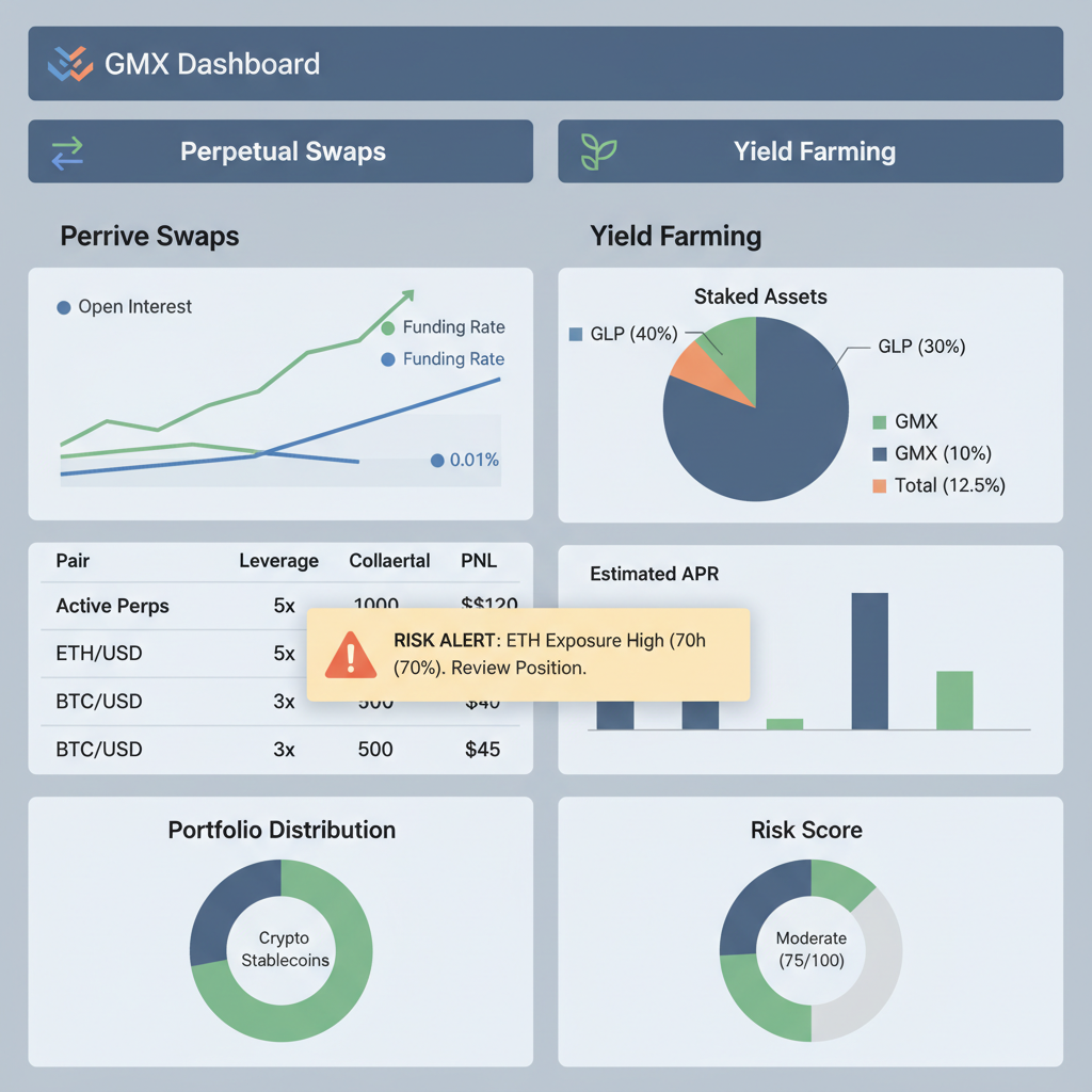 gmx dashboard monitoring perps and yields, risk alerts, balanced charts