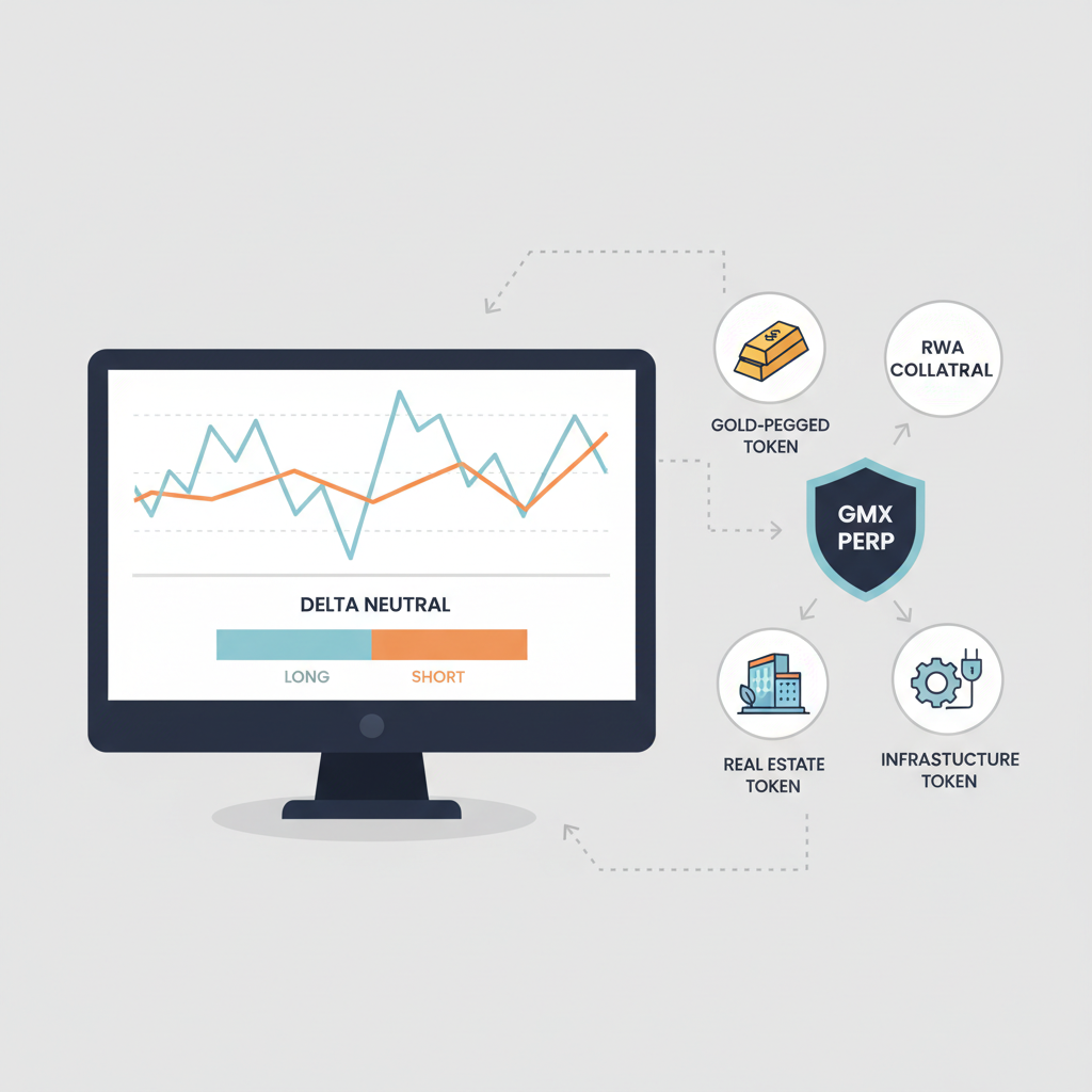 gmx perp trading chart with delta neutral long short positions, rwa collateral icons