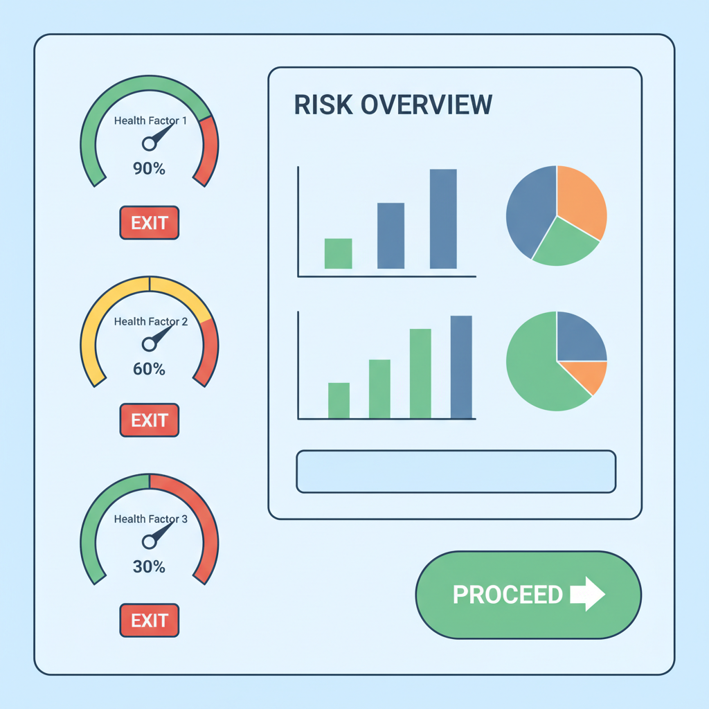 risk dashboard with health factor gauges and exit buttons
