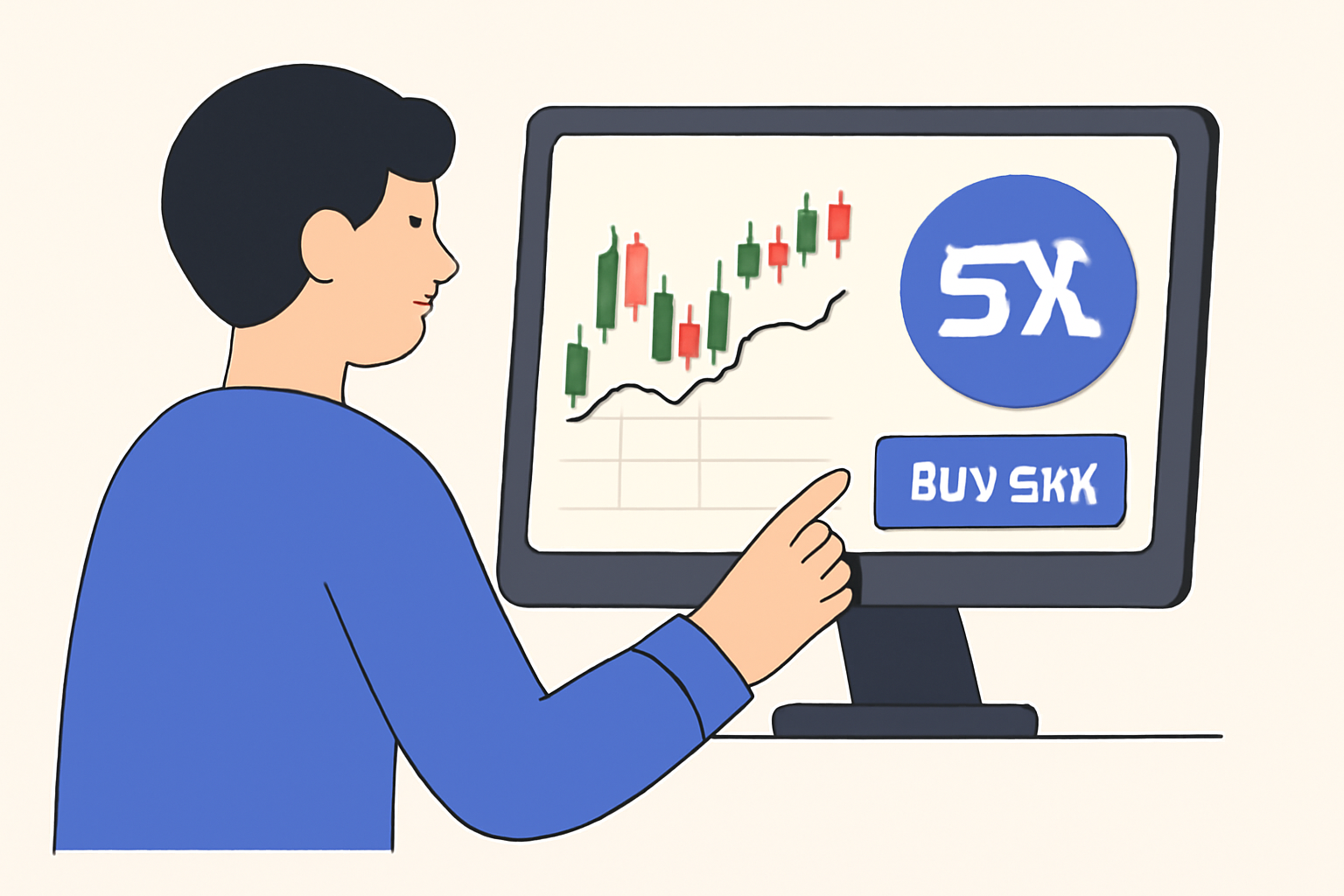 A person buying SNX tokens on a crypto exchange, with price charts and SNX logo visible.