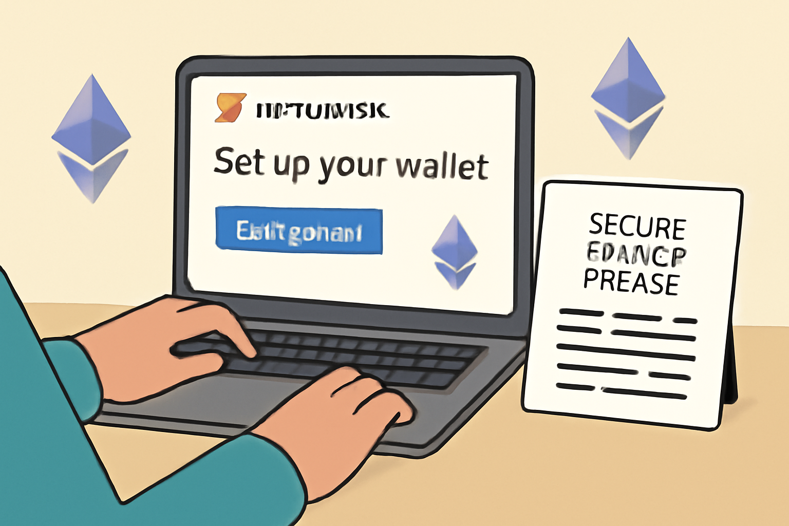 A user setting up MetaMask wallet on a laptop, with Ethereum logos and a secure backup phrase note.