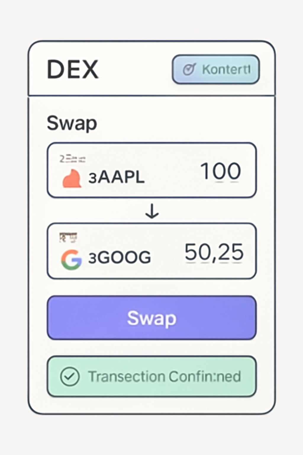 A DEX interface with synthetic stocks (like sAAPL) being traded, wallet connected, and transaction confirmation.