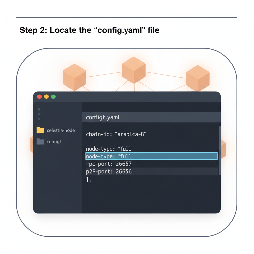 code editor configuring yaml file for celestia arabica testnet nodes, blockchain icons