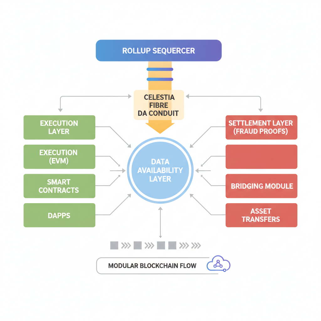 diagram rollup sequencer integrating celestia fibre DA conduit, modular blockchain flow