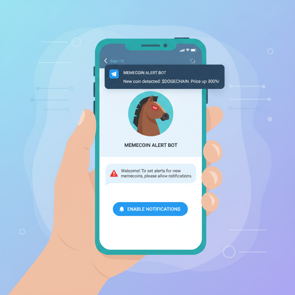 Telegram Trojan bot on Saga phone setting memecoin alerts, notification UI