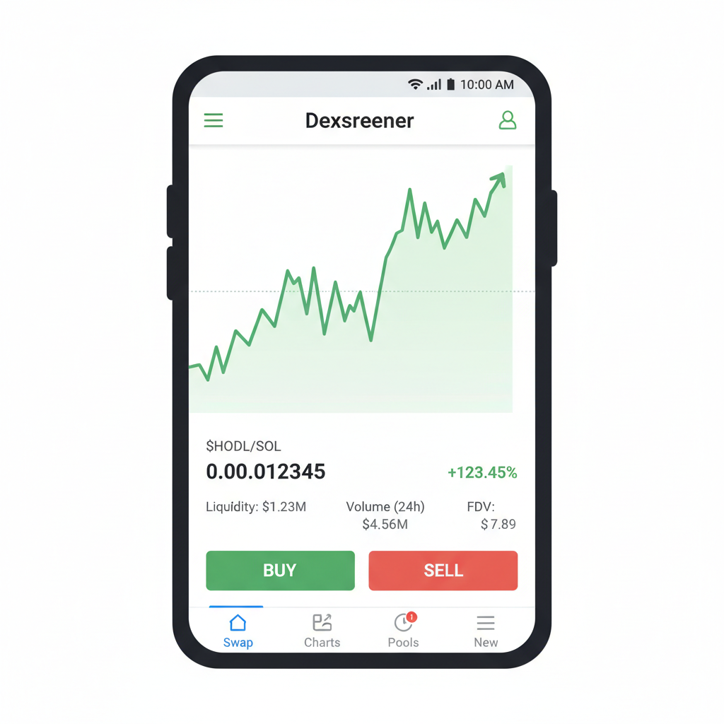 Saga phone screen showing Dexscreener $HODL Solana memecoin chart and stats, clean UI